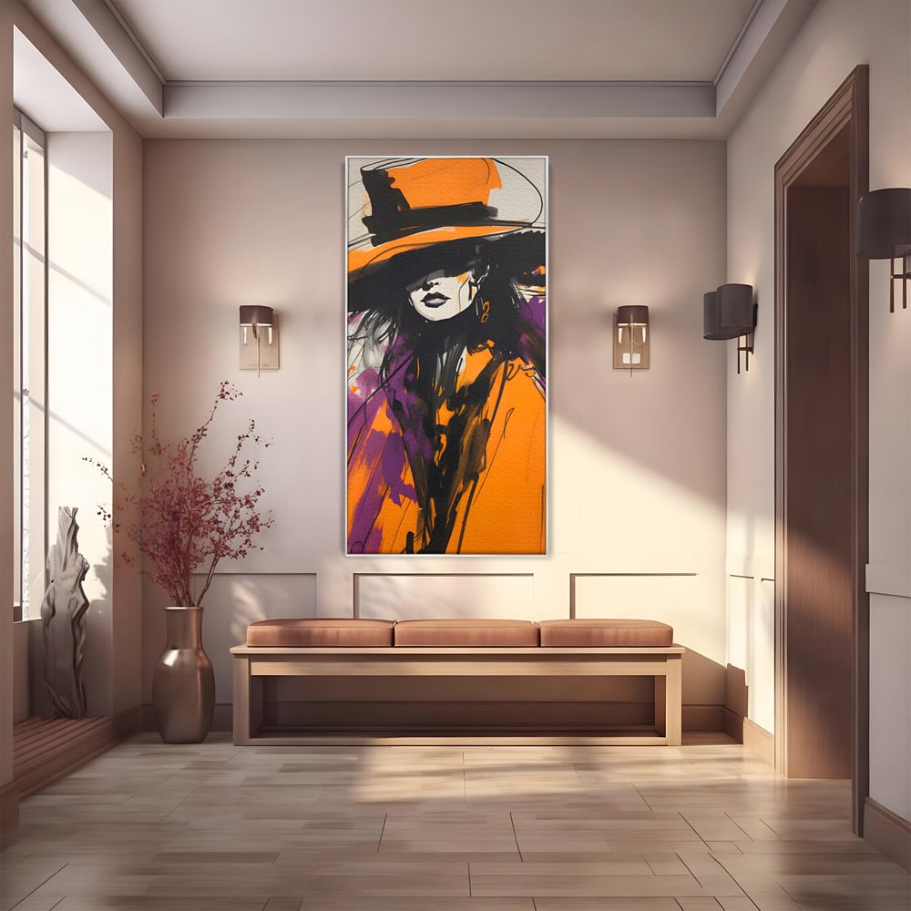 Tablou canvas cu ilustratie portret femeie cu palarie portocalie, in rama de aluminiu argintiu
